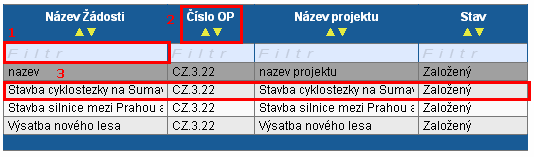 Obecné ovládání seznamu položek V celé žádosti se používá stejný systém seznamu záznamů.