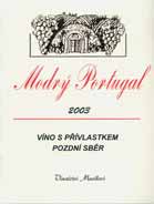 Evidenční číslo vína: 52 Modrý Portugal 2003 pozdní sběr Znojemská Dolní Kounice Nová Hora kamenitá s granitoidickým podkladem 30. 9.