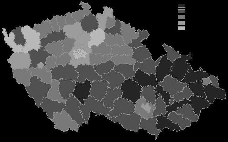 0,801,50 1,513,00 3,015,00 5,018,00 8,0111,52 Obr. 1 Rozmístění cizinců v Česku (počet cizinců na 1 000 obyvatel k 31. 12. 2008). Zdroj: Drbohlav a kol. 2010.