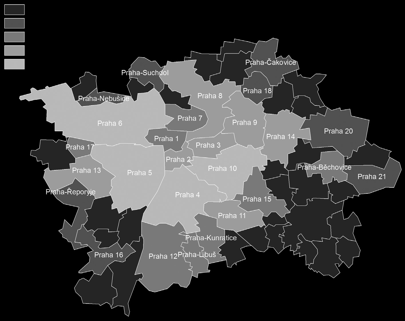 0,00,5 0,61,0 1,13,5 3,67,0 7,110,1 Obr. 2 Prostorové rozmístění cizinců v městských částech (podíl cizinců v městské části na na celkovém počtu cizinců v Praze k 31. 12. 2007, v %).