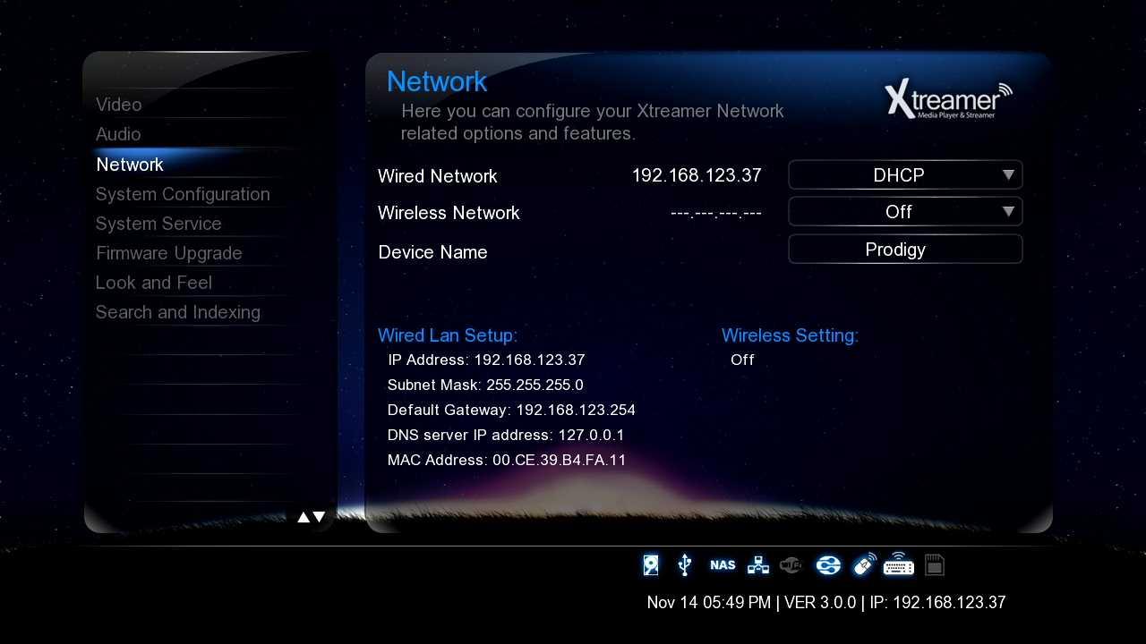 Nastavení Network/ síť Nastavení kabelové nebo bezdrátové sítě V menu Settings -> Network můžete nastavit způsob, jak bude Xtreamer Prodigy připojen do počítačové sítě.