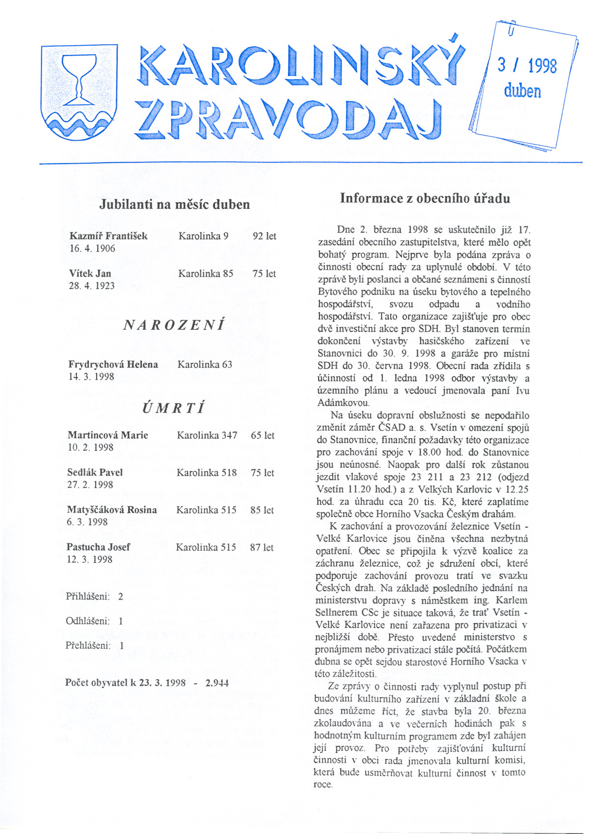 Jubilanti na mesíc duben Informace z obecního úradu Kazmír František Karolinka 9 92 let 16.4.1906 VítekJan Karolinka 85 75 let 28. 4. 1923 