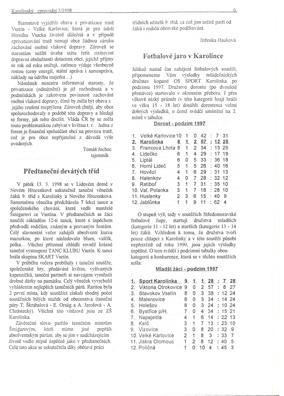 ]<arolinskv zpravodaj 3/l998 Starostové v)jádriii obavu z privatizace trate Vsetín - Velké Karlovice, která je pro údolí Horního Vsacka životne duležitá a v prípade zprivatizování trate nemaji obce