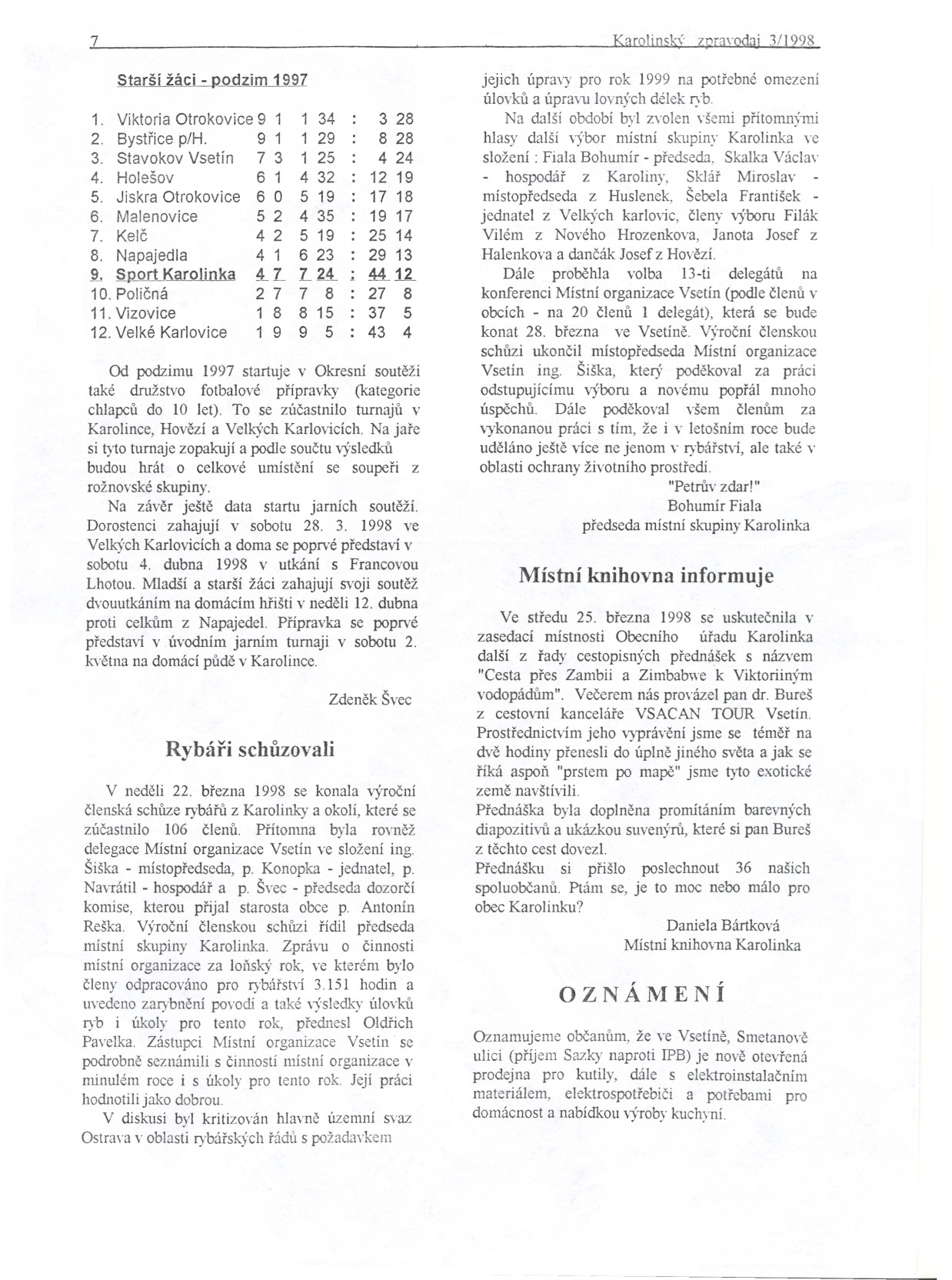 1 Starší žáci -podzim 1997 1. ViktoriaOtrokovice 9 1 2. Bystrice pih. 3. Stavokov Vsetin 9 1 7 3 4. Holešov 6 1 5. Jiskra Otrokovice 6 O 6. Malenovice 5 2 7. Kelc 4 2 8. Napajedla 4 1 9.