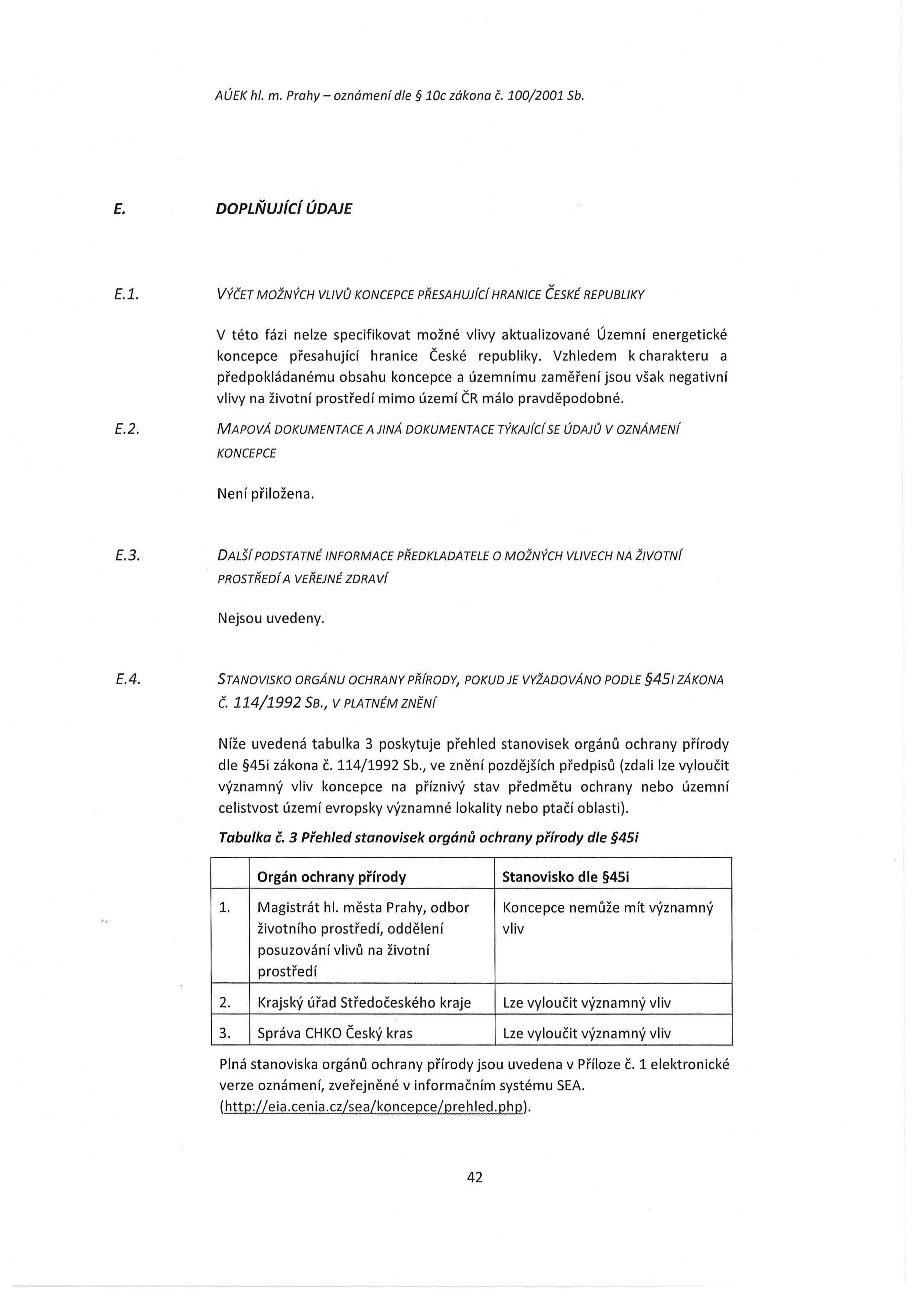 AÚEK hl. m. Prahy - oznámení dle 10e zákona Č. 100/2001 Sb. E. DOPLŇUJící ÚDAJE E.l. VÝČET MOŽNÝCH VLIVŮ KONCEPCE PŘESAHUJícíHRANICE ČESKÉ REPUBLIKY v této fázi nelze specifikovat možné vlivy aktualizované Územní energetické koncepce přesahující hranice České republiky.