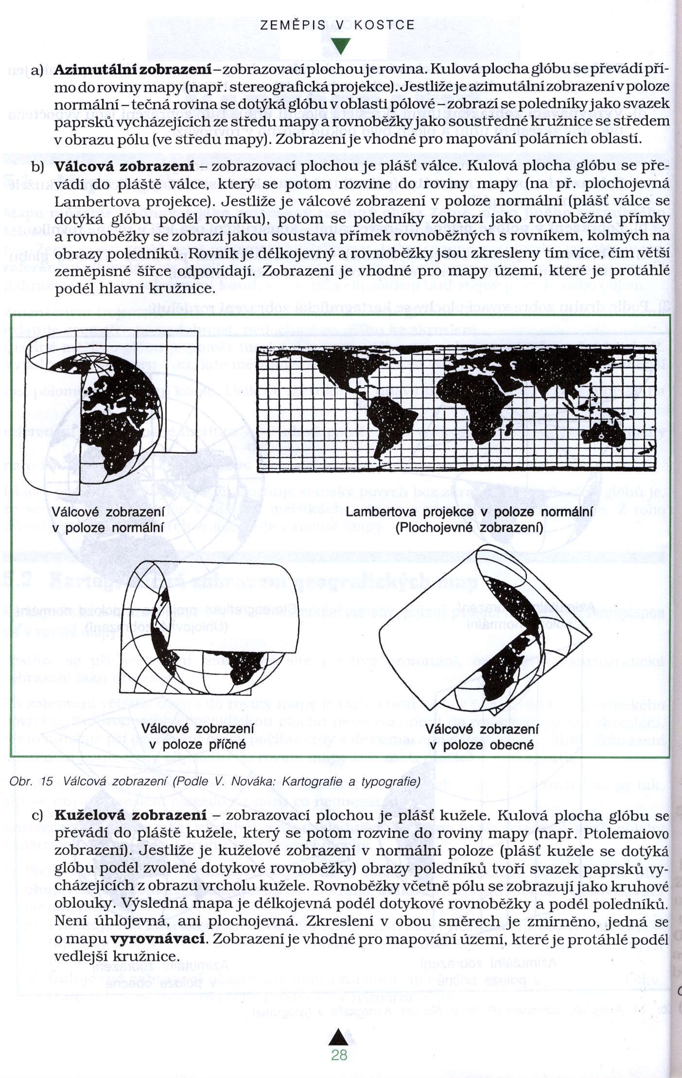 b) ZEMEPIS KO STC E a) Azimutdlni zob tazeni- znbrazovaci plochouj e rovina. Kulovd plocha globu se pieviidi piimo do roviny mapy (napi. stereograficki projekce).