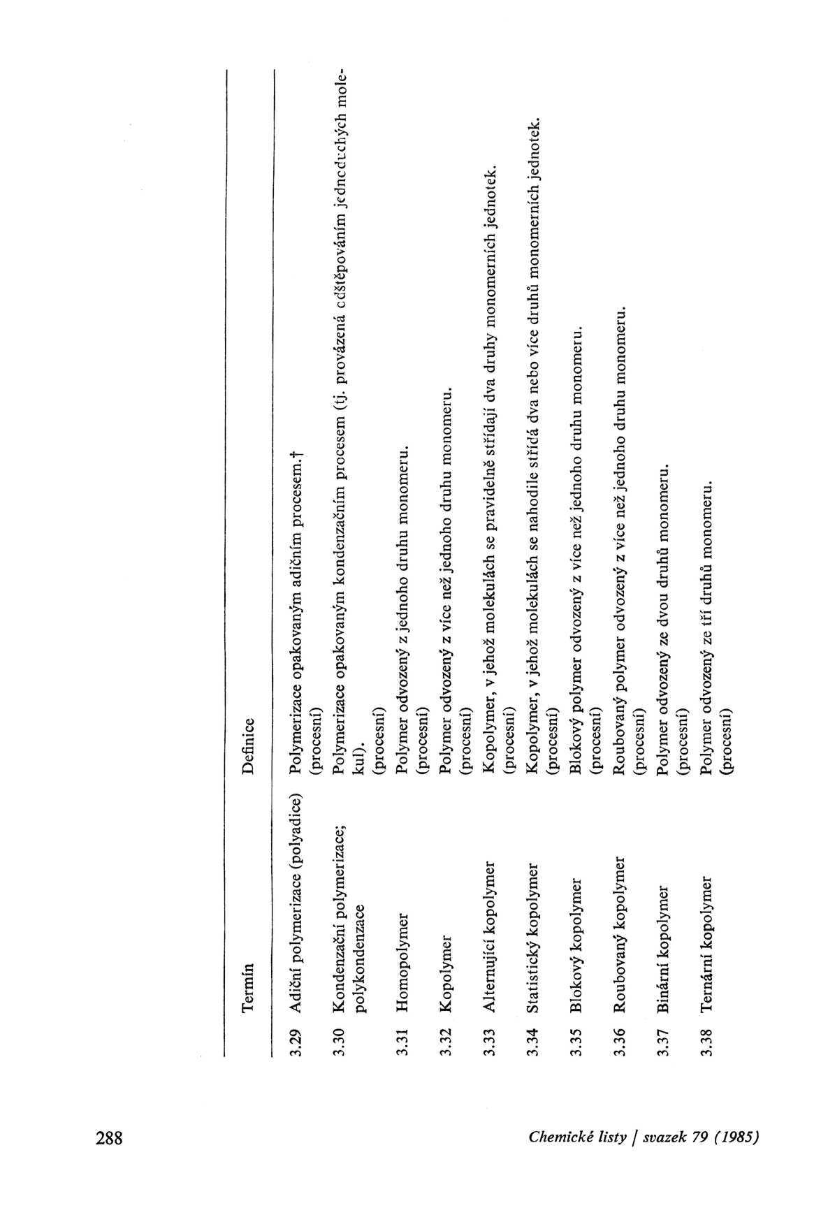 Termín 3. 29 Adiční polymerizace (polyadice) 3. 30 Kondenzační polymerizace; polykondenzace 3. 31 Homopolymer 3. 32 Kopolymer 3. 33 Alternující kopolymer 3. 34 Statistický kopolymer 3.