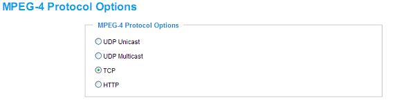 2 Nastavení přenosového protokolu pro MPEG-4 Umožňuje zvolit protokol pro přenos dat mezi klientem a kamerou. Nastavení umožňuje výběr ze tří možných protokolů UDP unicast, UDP multicast, TCP a HTTP.