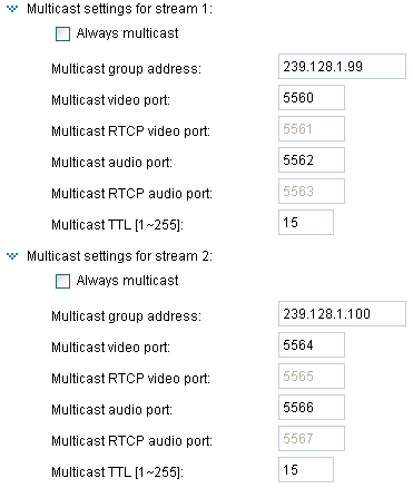 Multicast settings for stream 1 / Multicast settings for stream 2 klikněte na položky pro zobrazení všech možností.