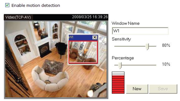 7.9 Motion detection (Detekce pohybu) Tato kapitola popisuje, jak nastavit softwarovou detekci pohybu v kameře. Celkem lze nastavit tři nez{visl{ detekční okna.