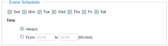 Event Schedule (Kalend{ř ud{losti) zvolte dny v týdnu a hodiny, ve kterých m{ tato ud{lost pracovat. Form{t času je 24 hodinový.