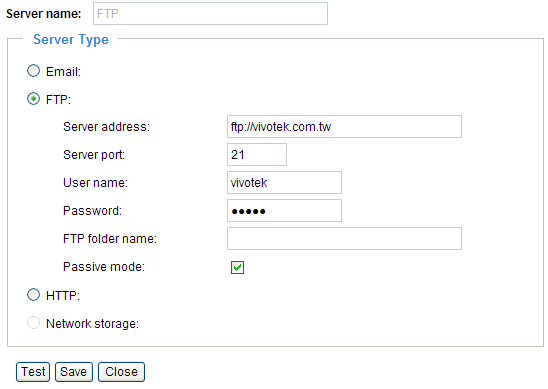 FTP v případě ud{losti odešle nastavený obsah na FTP server. o Server address doménový n{zev nebo IP adresa FTP serveru.