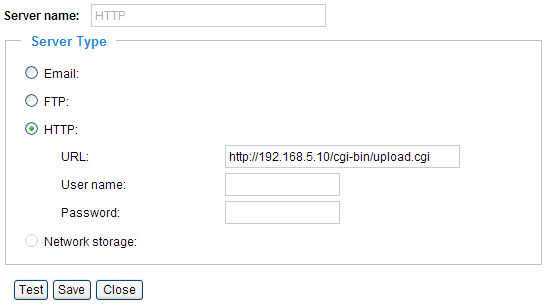 HTTP v případě ud{losti odešle nastavený obsah na HTTP server. o URL zadejte URL adresu HTTP serveru. o User name uživatelské jméno pro autentifikaci HTTP serveru. o Password heslo HTTP účtu.