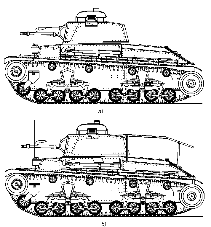Lehký tank vz.35 (Š-IIa ) (Škoda) - 1936-37: Výzbroj kanon s kulometem ve věži kulomet mohl fungovat jako spřažený, nebo i samostatně. Druhý kulomet v levé přední části korby.