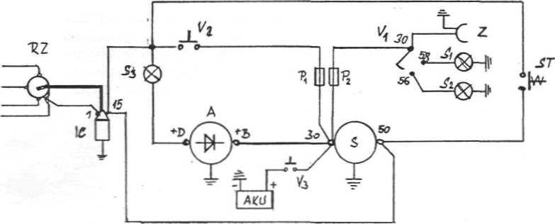A - alternátor ST - startovací tlačítko S - spouštěč V1 -