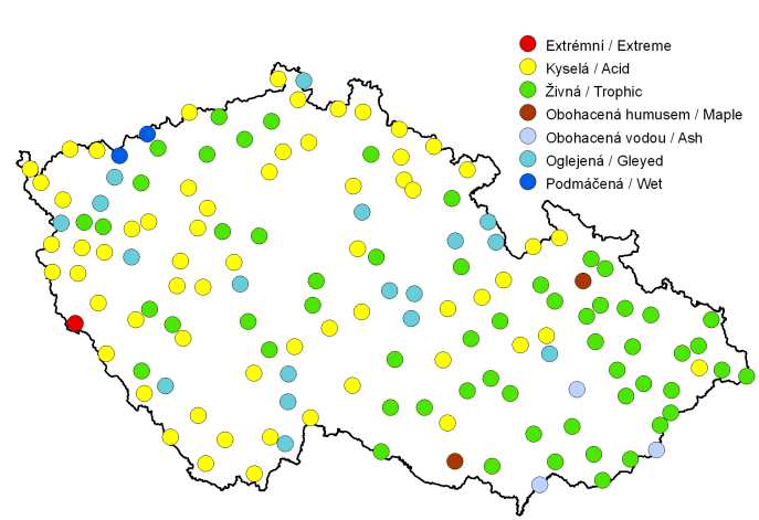 Obr. 1.1: Rozložení odběrových ploch projektu BioSoil a jejich příslušnost k jednotlivým ekologickým řadám. 1.2 Vývoj chemismu půd na plochách intenzivního monitoringu ICP Forests Posouzení vývoje půdních vlastností v čase je z různých důvodů poměrně problematické.