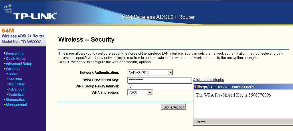 Doporučit lze zabezpečení WPA2-PSK (Wi-Fi Protected Access-PreShared key) s šifrováním AES, které je jiń označováno za robustní síťové zabezpečení.