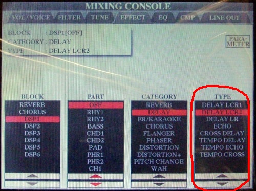 TYPE Poslední sloupeek slouží pro výbr konkrétního typu efektu. Nabídka je závislá na výbru bloku v prvním sloupeku (u blok REVERB a CHORUS) a u blok DSP také na výbru kategorie ve tetím sloupeku.