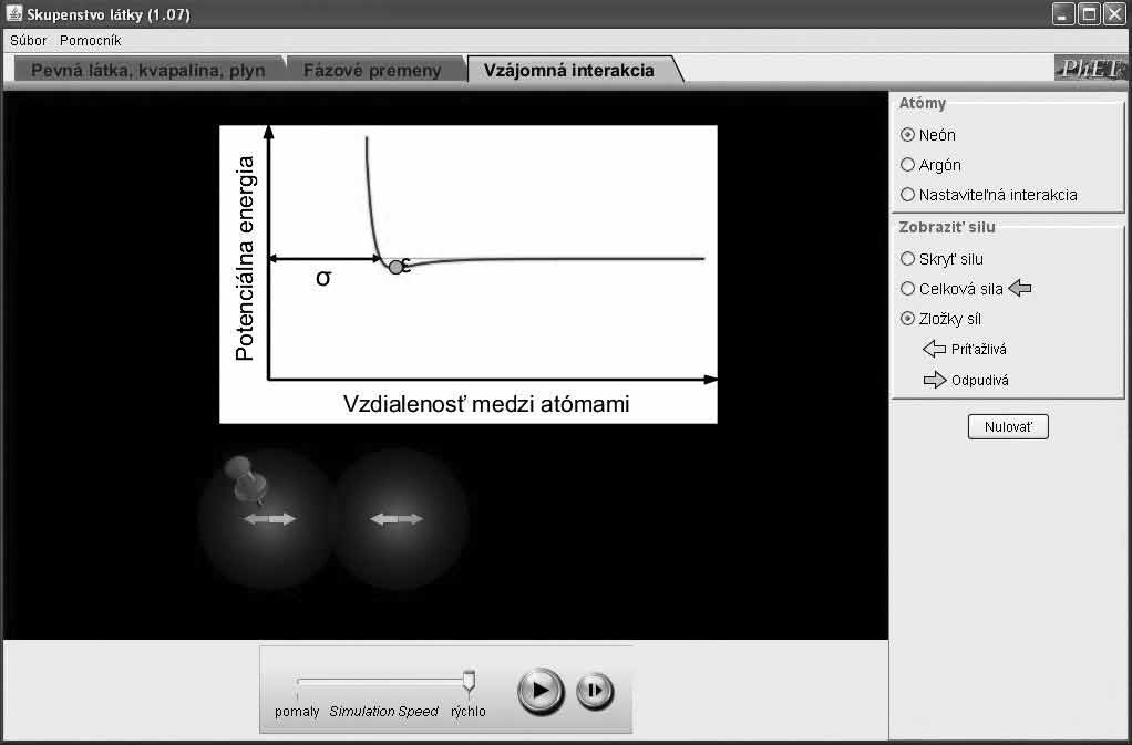 Všechny tři části se ovládají přímo v hlavním okně, kde experiment probíhá (kontrola ohřívání či chlazení nádoby, zvyšování a snižování tlaku v nádobě, přesuny atomů), a zároveň pomocí lišty vpravo