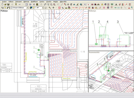 10.1.4 Modul - Podlahové vytápění - na základě tepelných ztrát a zakreslených topných okruhů vypočítá program rozestup trubek, výkon topných zón a nastavení škrcení ventilů na rozdělovači - podlahové