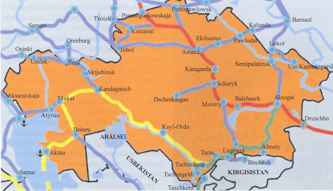 Obr. 1: Dopravní koridory vedoucí přes území Republiky Kazachstán Pokud se týká železniční sítě Kazachstánu, tento koridor je jednou z velmi mála tratí přepravujících podstatnou část tranzitní