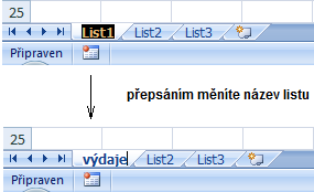 Jak si listy pojmenovat Pro lepší přehled je užitečné listy pojmenovat. Stačí poklepat na záložku listu, tím se prosvítí starý název listu a vy jej můžete přímo přepsat, a tak dát listu nové jméno.