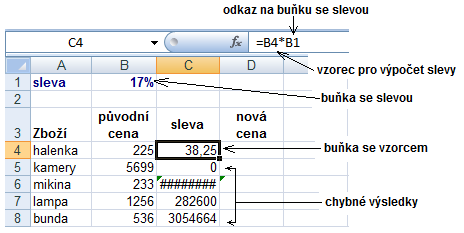 Jestliže v buňce ponecháte vzorec podle obrázku, a ten nakopírujete (natáhnete pomocí myši), objeví se chybné výsledky.