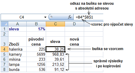 Aby k tomuto při kopírování vzorce nedocházelo, je třeba odkaz na buňku s procentem slevy zapsat ve tvaru $B$1. Tím se tato adresa zpevní, neboli ukotví.