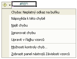 Pokud na tlačítko klepnete, otevře se nabídka různých příkazů, které mohou pomoci daný problém řešit, přičemž první položka vzniklý problém popisuje.