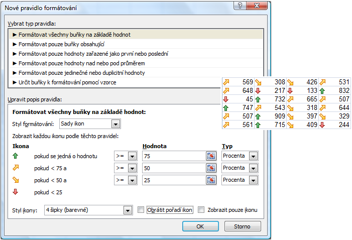 Po potvrzení pak budou jednotlivé buňky zaplněny čarou, jejíž délka bude vyjadřovat hodnotu dané buňky. Hezkým doplněním tabulky pak může být v rámci podmíněného formátování volba některé sady ikon.