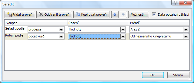 Po klepnutí na ni se zobrazí dialogové okno Seřadit, ve kterém je třeba zadat úroveň neboli klíč řazení.