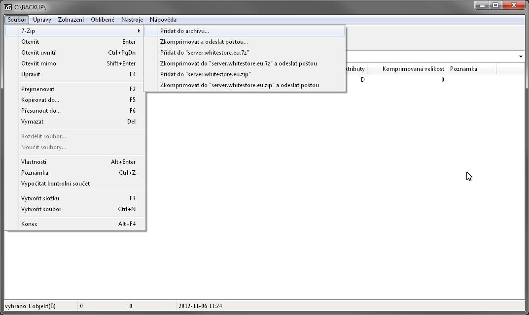 Kliknutím vyberte složku server.whitestore.eu. Následně v menu [Soubor] [7-Zip] vyberte možnost Přidat do archívu.