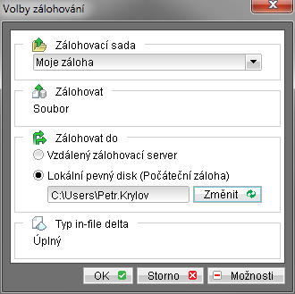 Vyberte v části Zálohovat do volbu Lokální pevný disk (Počáteční záloha).