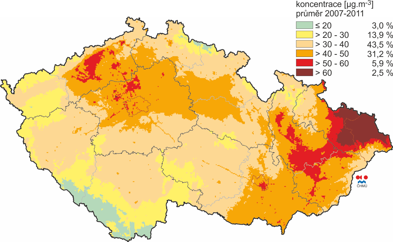 Na cca 5 % území republiky byl v letech 2007 2011 překročen imisní limit pro průměrnou roční koncentraci benzo(a)pyrenu (1ng/m 3 ), přičemž v těchto oblastech žilo ve sledovaném období přibližně 52 %