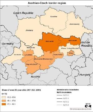 Podíl starších 65ti let 2001 (CZ: 2004) (v %) Podíl mladších 15ti let 2001 (CZ: 2004) (v %) Zdroje: Statistics Austria, Český statistický úřad Tabulka 4: Ekonomická úroveň Jednotka