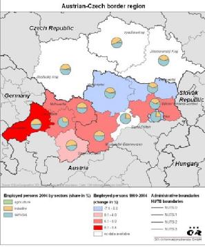Tabulka 7: Zaměstnanost v příhraničním regionu Zaměstnané osoby změna v % Jednotka absolutně 1995-1999 1999-2003 Nuts III region 2003 Celkem Celkem Mostviertel-Eisenwurzen 109 000 6,0 0,.