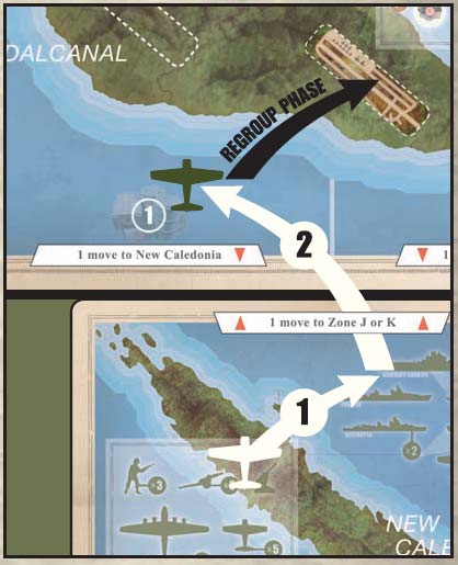 První pohyb je do mořské zóny na kartě základny Nová Kaledonie a druhý pohyb je do mořské zóny J.