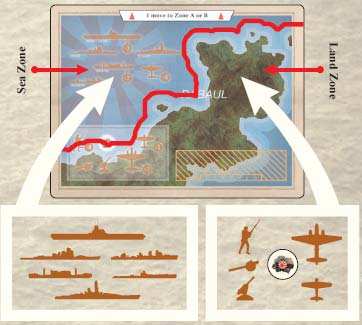 Mořská zóna Námořní jednotky Pozemní, letecké jednotky a zásobovací žetony Ostrovní zóna Opravy Počínaje začínajícím hráčem každý hráč může opravovat poškozená letiště a námořní jednotky.