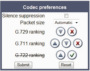 6.2.4 Nastavení upřednostnění audiokodeků V menu stránek správce klikněte na odkaz Speech > Codec preferences. V zobrazeném okně lze změnit upřednostnění audiokodeků.