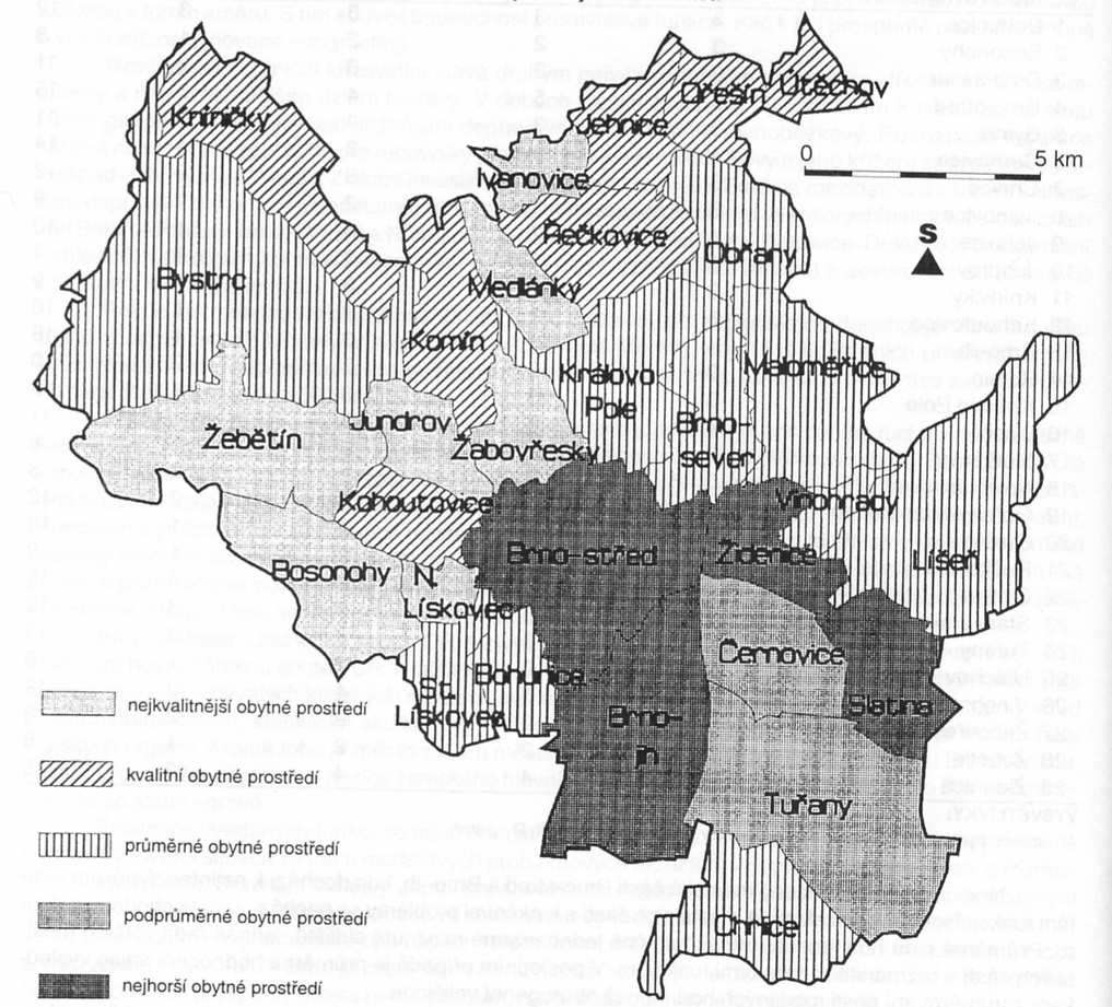 Obr.2. Kvalita obytného prostředí městských částí (převzato: Kolejka et al., 1997, 26) Autoři publikace se rovněž věnují hodnocení vnitroměstské dopravy a jejího vlivu na životní prostředí v Brně.