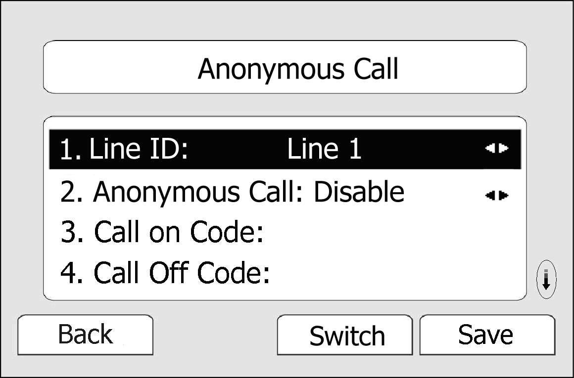 Anonymní hovor Nastavení anonymního hovoru pomoci menu telefonu: 1) Stiskněte Menu -> Vlastnosti -> Anonymní hovor -> OK 2) Vyberte linku, ke které se anonymní hovor vztahuje 3) Anonym.