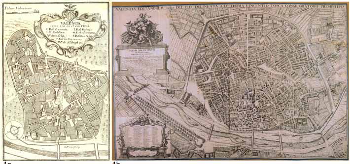 Obr. 1.: Historické mapy Valencie: 1a) mapa z roku 1238 [8]; 1b) mapa z roku 1704 od autora Vicente Tosca Masco (Padre Tosca) [1]) v období 14. až 18. storočia.