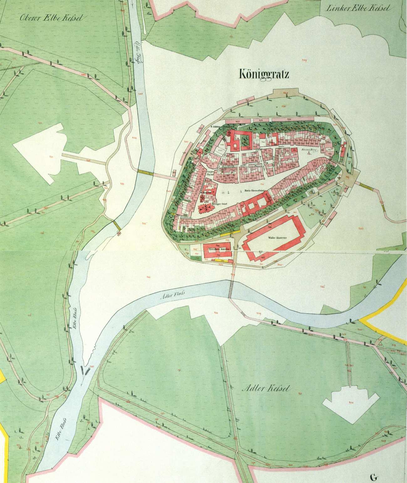 Obrázek 1: Mapa stabilního katastru 1840 Zdroj:[50] Z mapy stabilního katastru z roku 1840 8 je zřejmé, že veřejnou zeleň tvořily v městě Hradec Králové zejména aleje podél cest a případně jednotlivé