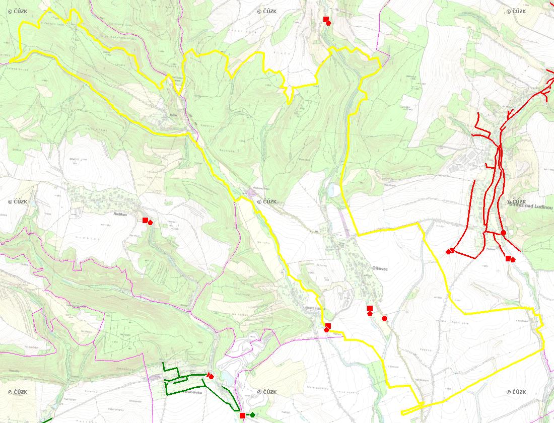 E. KANALIZACE A ČOV Mapa E1: Kanalizace - rozvody v obci Trasování sítí, lokalizace ČOV, čerpací stanice (ČS), výústě Obec: Olšovec Legenda: Kanalizace: Ochranné pásmo: Vyústění: do 2015 po 2015 I IA