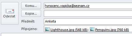 Najděme cestu k obrázku a klepněme na Vložit. K e-mailu se přidá příloha - náš obrázek. E-mail odešlete. Poznámka: Příloha bude znázorněna v novém řádku pod názvem mailu.