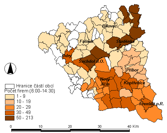 Obr. P2-10 Počet firem dostupných z jednotlivých částí obcí okresu Nový Jičín pro dojíždění pro pracovní dobu 6:00-14:30 Obr.