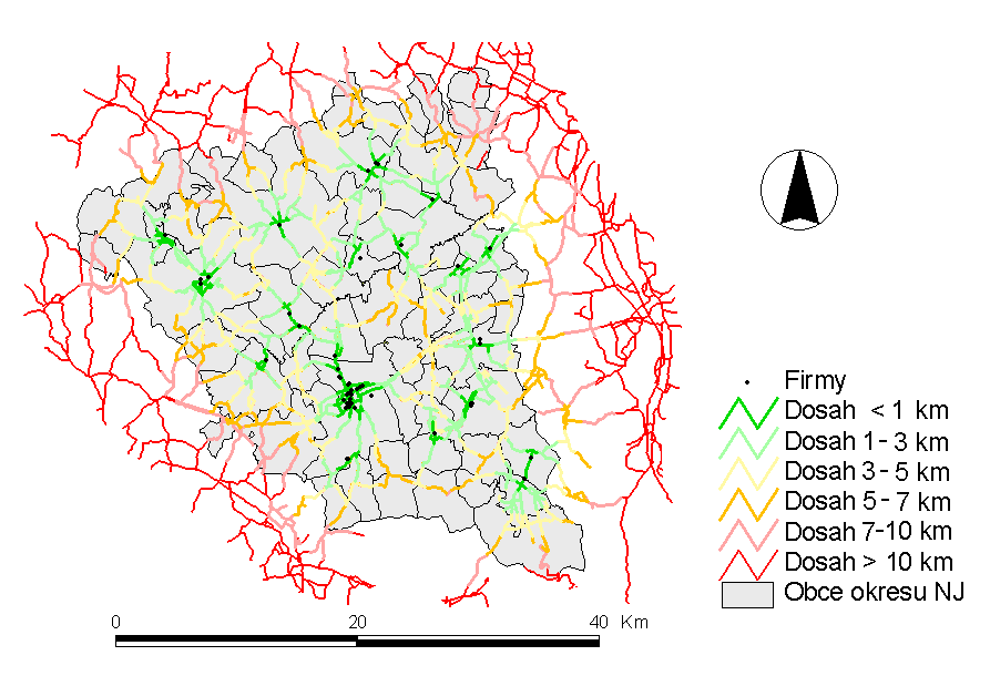 Analýza nezahrnovala firmy lokalizované za hranicemi okresu, proto analýza nutně trpí hraničním problémem, tj.