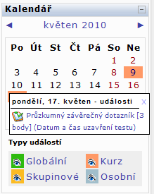 Ostatní termíny se zapisují pouze do kalendáře příslušného kurzu. Termíny, které vloží učitel, vidí všichni žáci. Termíny, které si do kalendáře poznačí žák, vidí jen on sám.