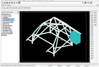 Obrázek 43 Vysíťovaný model bezpečnostního rámu a zátěžného trnu Pomocí záložek Modeling Create Keypoints, Lines, Areas, Volumes jsem potom vytvořil zátěžný trn dle předepsaných rozměrů pro zatížení