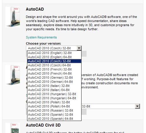 Obrázek 6 Pro příklad stahování, instalace a posléze i aktivace jsme si vybrali zatím poslední AutoCAD 2010 s českou